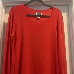 CHICO’S DESIGN DEEP CORAL SZ 2 LS PULLOVER KNIT TOP RAYON/NYLON EC